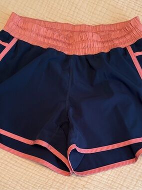 Navy Women's Athletic Shorts with Pink Waistband and Trim